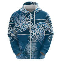 Aotearoa Maori Koru Curves Zip Hoodie Silver Ferns - Navy Blue