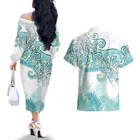 Aotearoa Maori Koru Curves Couples Matching Off The Shoulder Long Sleeve Dress and Hawaiian Shirt Mossy Paua Shell LT7 - Polynesian Pride
