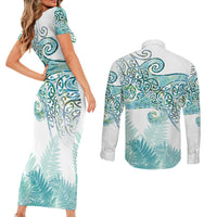 Aotearoa Maori Koru Curves Couples Matching Short Sleeve Bodycon Dress and Long Sleeve Button Shirt Mossy Paua Shell LT7 - Polynesian Pride