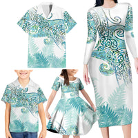 Aotearoa Maori Koru Curves Family Matching Long Sleeve Bodycon Dress and Hawaiian Shirt Mossy Paua Shell