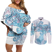Aotearoa Maori Koru Curves Couples Matching Off Shoulder Short Dress and Long Sleeve Button Shirt Aqua Paua Shell