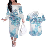 Aotearoa Maori Koru Curves Couples Matching Off The Shoulder Long Sleeve Dress and Hawaiian Shirt Aqua Paua Shell LT7 Blue - Polynesian Pride