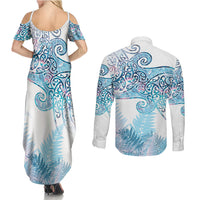 Aotearoa Maori Koru Curves Couples Matching Summer Maxi Dress and Long Sleeve Button Shirt Aqua Paua Shell LT7 - Polynesian Pride