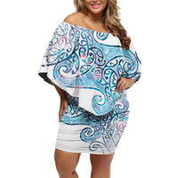 Aotearoa Maori Koru Curves Family Matching Off Shoulder Short Dress and Hawaiian Shirt Aqua Paua Shell