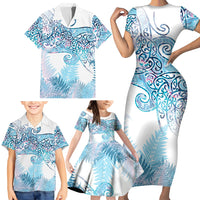 Aotearoa Maori Koru Curves Family Matching Short Sleeve Bodycon Dress and Hawaiian Shirt Aqua Paua Shell LT7 - Polynesian Pride