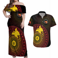 Papua New Guinea Independence Personalized Couples Matching Off Shoulder Maxi Dress and Hawaiian Shirt Tapa Circle LT7 Black - Polynesian Pride