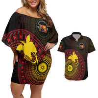 Papua New Guinea Independence Personalized Couples Matching Off Shoulder Short Dress and Hawaiian Shirt Tapa Circle LT7 Black - Polynesian Pride