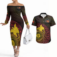 Papua New Guinea Independence Personalized Couples Matching Off The Shoulder Long Sleeve Dress and Hawaiian Shirt Tapa Circle LT7 Black - Polynesian Pride