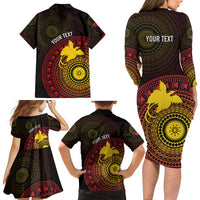 Papua New Guinea Independence Personalized Family Matching Long Sleeve Bodycon Dress and Hawaiian Shirt Tapa Circle LT7 Mom's Dress Black - Polynesian Pride