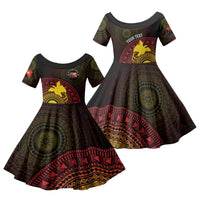 Papua New Guinea Independence Personalized Family Matching Off The Shoulder Long Sleeve Dress and Hawaiian Shirt Tapa Circle LT7 Daughter's Dress Black - Polynesian Pride