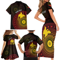 Papua New Guinea Independence Personalized Family Matching Short Sleeve Bodycon Dress and Hawaiian Shirt Tapa Circle LT7 Mom's Dress Black - Polynesian Pride