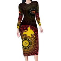 Papua New Guinea Independence Personalized Long Sleeve Bodycon Dress Tapa Circle LT7 Long Dress Black - Polynesian Pride