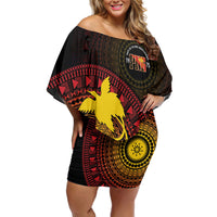 Papua New Guinea Independence Personalized Off Shoulder Short Dress Tapa Circle LT7 Women Black - Polynesian Pride