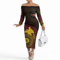Papua New Guinea Independence Personalized Off The Shoulder Long Sleeve Dress Tapa Circle LT7 Women Black - Polynesian Pride