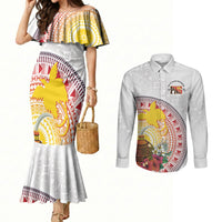 Hapi De Bilong Indipendens Papua New Guinea Couples Matching Mermaid Dress and Long Sleeve Button Shirt PNG Lime Pot LT7 White - Polynesian Pride