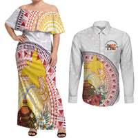 Hapi De Bilong Indipendens Papua New Guinea Couples Matching Off Shoulder Maxi Dress and Long Sleeve Button Shirt PNG Lime Pot LT7 White - Polynesian Pride