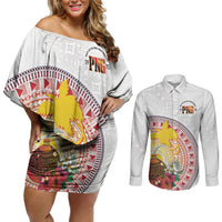 Hapi De Bilong Indipendens Papua New Guinea Couples Matching Off Shoulder Short Dress and Long Sleeve Button Shirt PNG Lime Pot LT7 White - Polynesian Pride