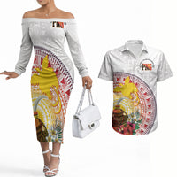 Hapi De Bilong Indipendens Papua New Guinea Couples Matching Off The Shoulder Long Sleeve Dress and Hawaiian Shirt PNG Lime Pot LT7 White - Polynesian Pride
