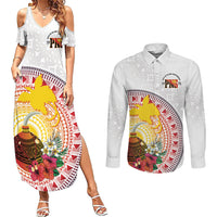 Hapi De Bilong Indipendens Papua New Guinea Couples Matching Summer Maxi Dress and Long Sleeve Button Shirt PNG Lime Pot LT7 White - Polynesian Pride