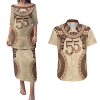 Bula Fiji Day 55th Anniversary Masi Tapa Couples Matching Puletasi and Hawaiian Shirt Emerald Jubilee - Beige - Polynesian Pride