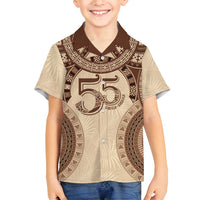 Bula Fiji Day 55th Anniversary Masi Tapa Family Matching Off Shoulder Short Dress and Hawaiian Shirt Emerald Jubilee - Beige - Polynesian Pride