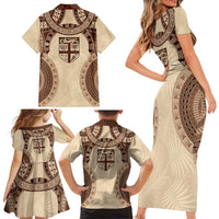 Bula Fiji Day 55th Anniversary Masi Tapa Family Matching Short Sleeve Bodycon Dress and Hawaiian Shirt Emerald Jubilee - Beige - Polynesian Pride