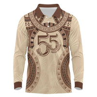 Bula Fiji Day 55th Anniversary Masi Tapa Long Sleeve Polo Shirt Emerald Jubilee - Beige LT7 Beige - Polynesian Pride