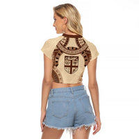 Bula Fiji Day 55th Anniversary Masi Tapa Raglan Cropped T Shirt Emerald Jubilee - Beige - Polynesian Pride