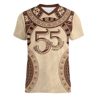 Bula Fiji Day 55th Anniversary Masi Tapa Women V-Neck T-Shirt Emerald Jubilee - Beige - Polynesian Pride