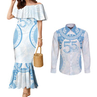 Bula Fiji Day 55th Anniversary Masi Tapa Couples Matching Mermaid Dress and Long Sleeve Button Shirt Emerald Jubilee - Turquoise - Polynesian Pride