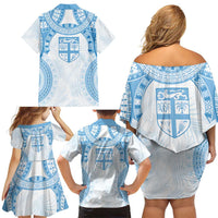 Bula Fiji Day 55th Anniversary Masi Tapa Family Matching Off Shoulder Short Dress and Hawaiian Shirt Emerald Jubilee - Turquoise - Polynesian Pride