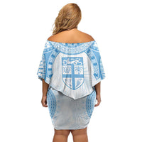 Bula Fiji Day 55th Anniversary Masi Tapa Off Shoulder Short Dress Emerald Jubilee - Turquoise - Polynesian Pride