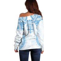 Bula Fiji Day 55th Anniversary Masi Tapa Off Shoulder Sweater Emerald Jubilee - Turquoise - Polynesian Pride