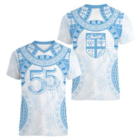 Bula Fiji Day 55th Anniversary Masi Tapa Women V-Neck T-Shirt Emerald Jubilee - Turquoise - Polynesian Pride