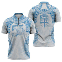 Bula Fiji Day 55th Anniversary Masi Tapa Zipper Polo Shirt Emerald Jubilee - Turquoise LT7 - Polynesian Pride