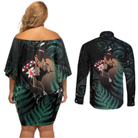 Maori Hongi Valentine Couples Matching Off Shoulder Short Dress and Long Sleeve Button Shirt Aroha Ahau Ki A Koe