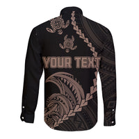 Personalised Guam Long Sleeve Button Shirt Tribal Turtles Curves Style - Brown LT7 - Polynesian Pride