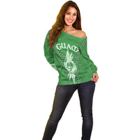 Personalised Guam Off Shoulder Sweater Chamoro Latte Stone Mix Tropical - Green LT7 - Polynesian Pride