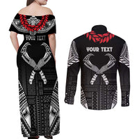 Personalized Talofa Samoa Couples Matching Off Shoulder Maxi Dress and Long Sleeve Button Shirt Ulafala With Toa Nifo'oti - Black LT7 - Polynesian Pride