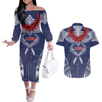 Personalized Talofa Samoa Couples Matching Off The Shoulder Long Sleeve Dress and Hawaiian Shirt Ulafala With Toa Nifo'oti - Blue
