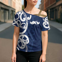 New Zealand Maori Mo Bros Cross Shoulder Shirt Blue Ribbon With Koru Kowhaiwhai - Polynesian Pride