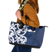 New Zealand Maori Mo Bros Leather Tote Bag Blue Ribbon With Koru Kowhaiwhai - Polynesian Pride