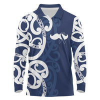 New Zealand Maori Mo Bros Long Sleeve Polo Shirt Blue Ribbon With Koru Kowhaiwhai - Polynesian Pride