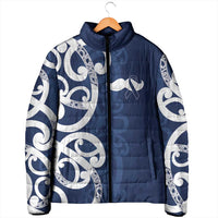 New Zealand Maori Mo Bros Padded Jacket Blue Ribbon With Koru Kowhaiwhai - Polynesian Pride