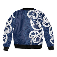 New Zealand Maori Mo Bros Sleeve Zip Bomber Jacket Blue Ribbon With Koru Kowhaiwhai - Polynesian Pride