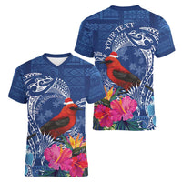 Personalized Samoa Christmas Women V-Neck T-Shirt Cardinal Honeyeater Mix Siapo