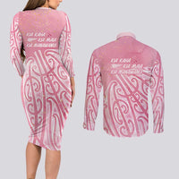 Breast Cancer Awareness Maori Couples Matching Long Sleeve Bodycon Dress and Long Sleeve Button Shirt Kia Kaha Kia Maia Kia Manawanui - Polynesian Pride