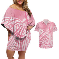 Breast Cancer Awareness Maori Couples Matching Off Shoulder Short Dress and Hawaiian Shirt Kia Kaha Kia Maia Kia Manawanui - Polynesian Pride