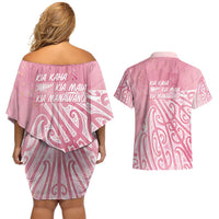 Breast Cancer Awareness Maori Couples Matching Off Shoulder Short Dress and Hawaiian Shirt Kia Kaha Kia Maia Kia Manawanui - Polynesian Pride