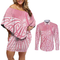 Breast Cancer Awareness Maori Couples Matching Off Shoulder Short Dress and Long Sleeve Button Shirt Kia Kaha Kia Maia Kia Manawanui - Polynesian Pride